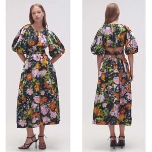 Aje Mimosa Cutout Puff Sleeve Midnight Floral Midi Dress Size 0